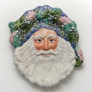 Fitz and Floyd "Crystal Winter" Santa Face Decorative Plate Pastels Holiday Pink